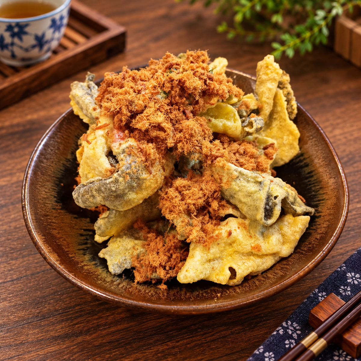 Crispy Fried Fish Skin In Salted Egg Yolks 咸香肉松鱼皮